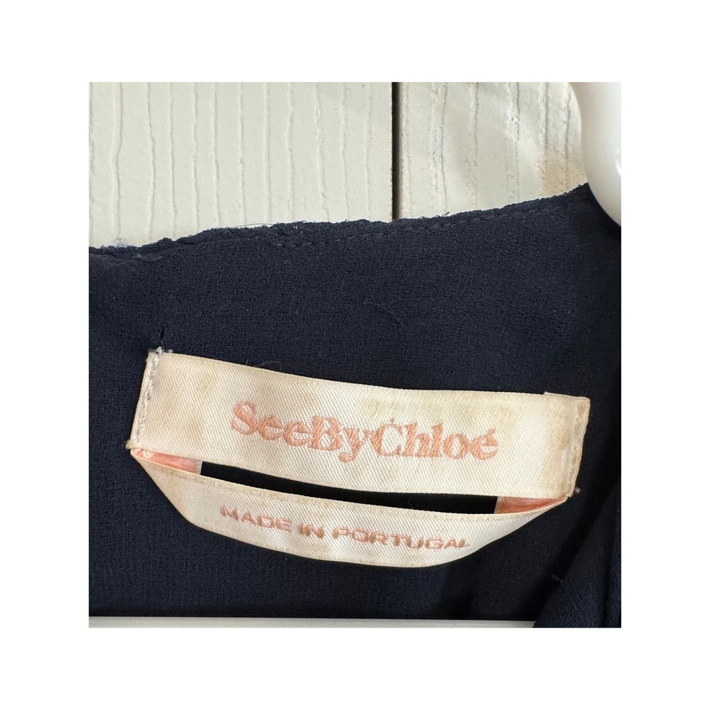 SeeByChloe Dark Navy Blue Smocked Peplum Ruffle Bell Sleeve Top SZ 6 Dainty - Picture 5 of 8